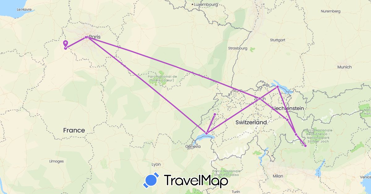 TravelMap itinerary: driving, train in Switzerland, Germany, France, Italy (Europe)